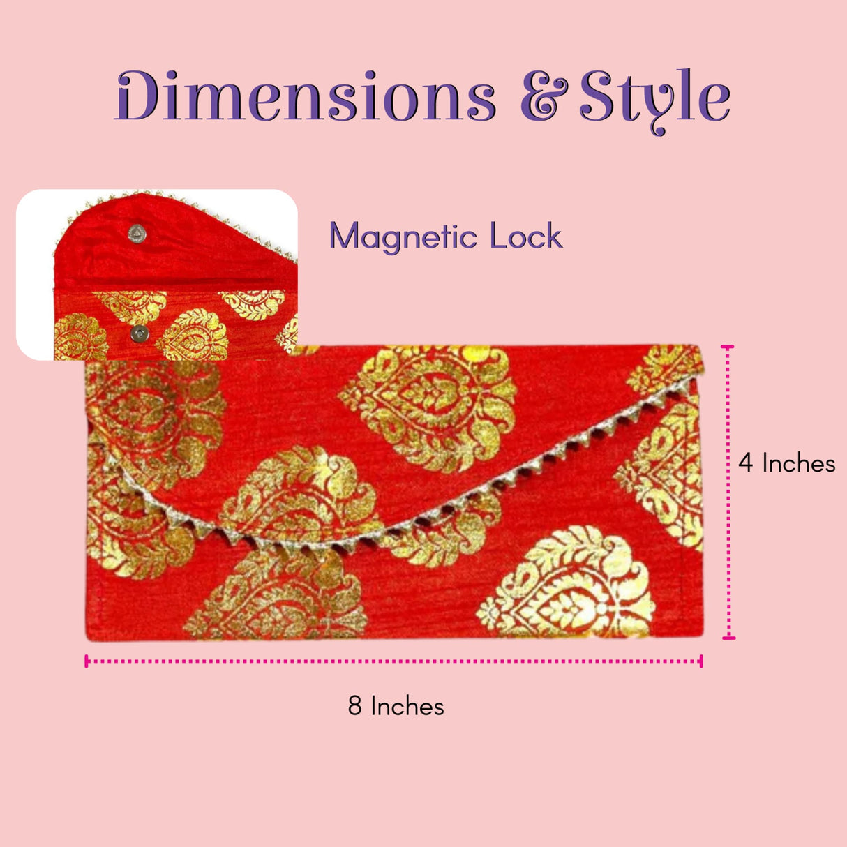 Red clutch wallet with gold paisley embroidery and magnetic lock, pack of 5 brocade money envelopes