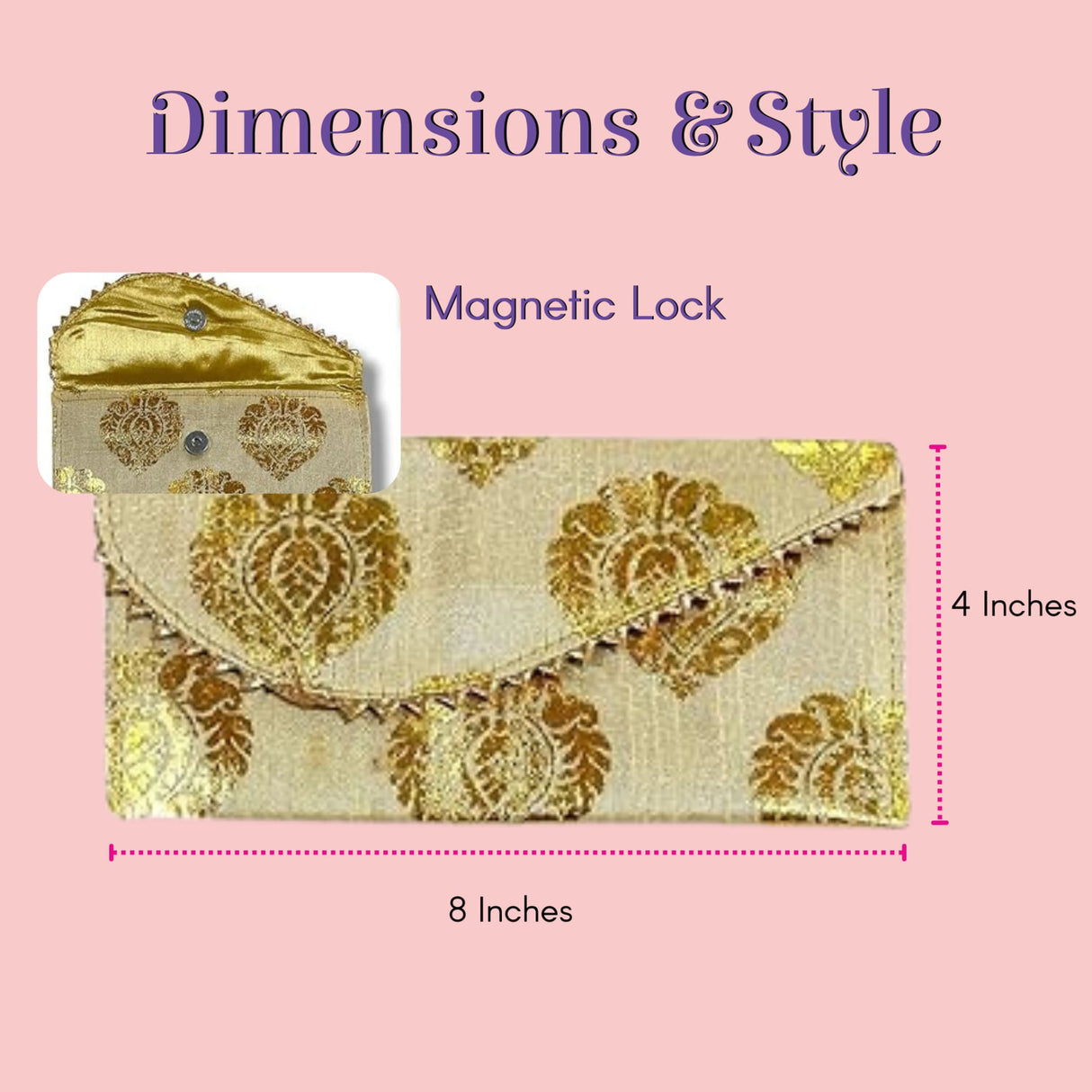 Pack of 5 beige gold brocade floral money envelopes with magnetic closure