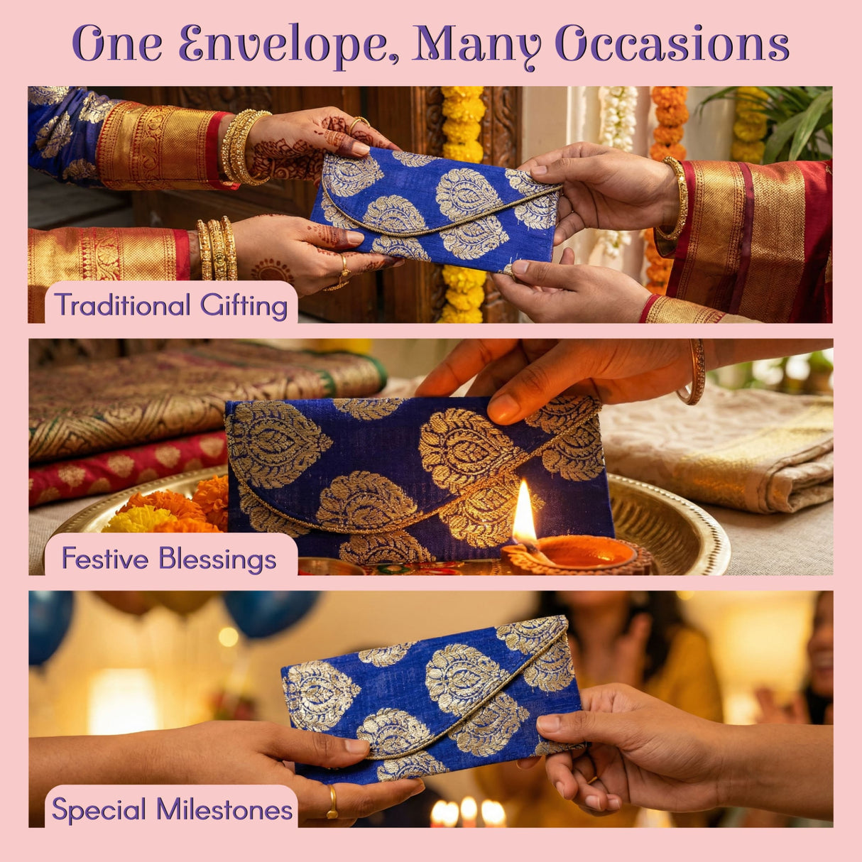 Blue gold brocade silk money envelope magnetic flap pack of 5