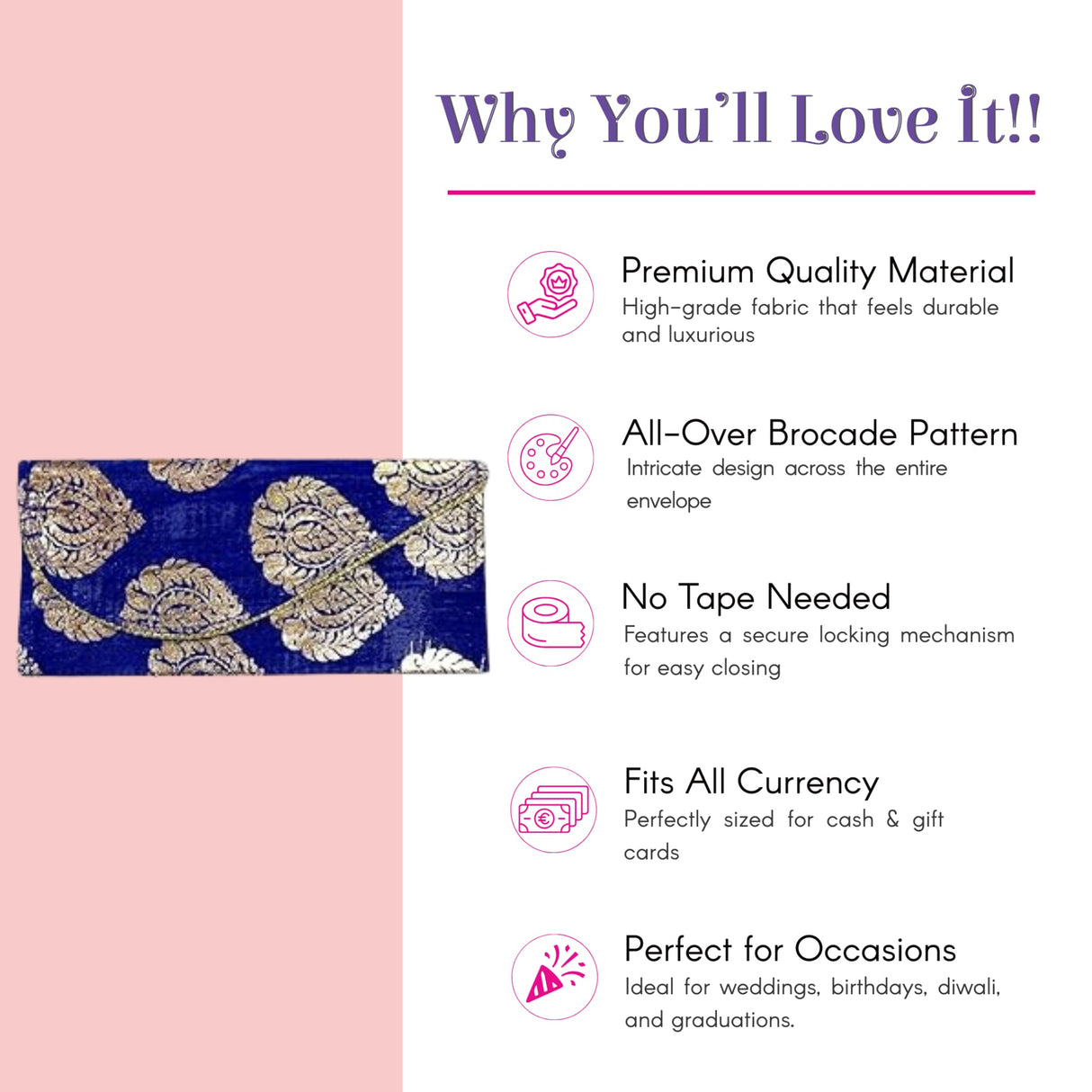 Navy blue brocade magnetic tip money envelope for shagun gifts