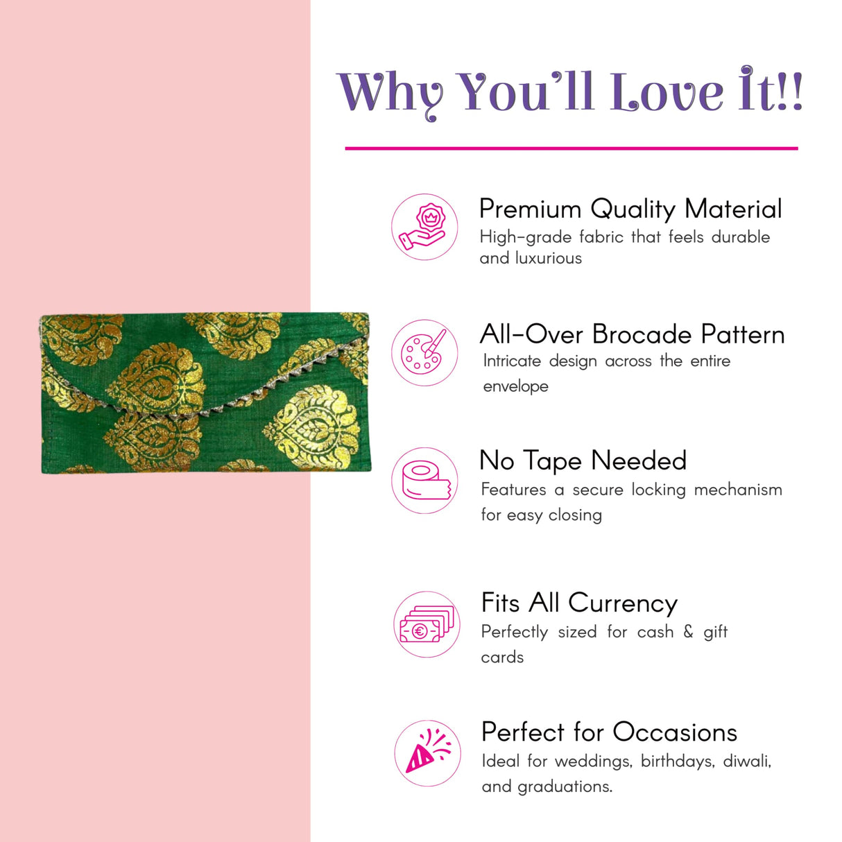 Green brocade fabric money envelope with gold pattern, silver chain, magnetic tip