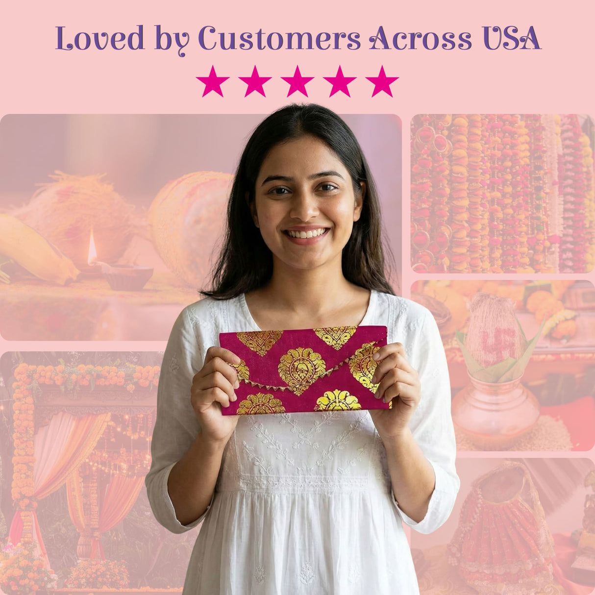 Vibrant magenta brocade money envelope with golden floral patterns