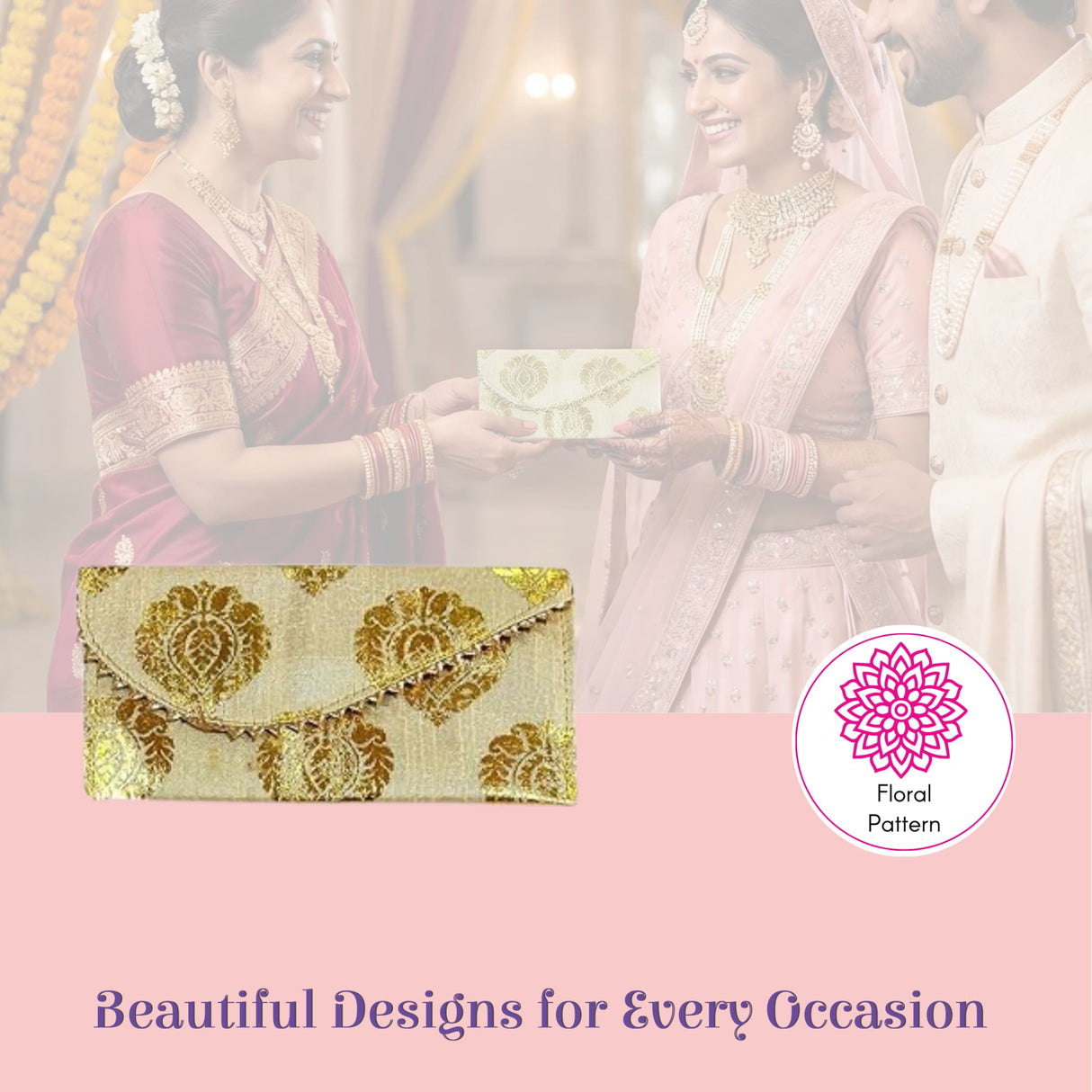 Beige brocade clutch money envelope with gold floral embroidery and fringe