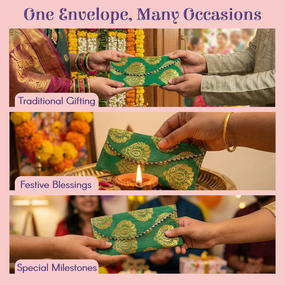 Pack of 5 green gold brocade money envelopes with lace trim