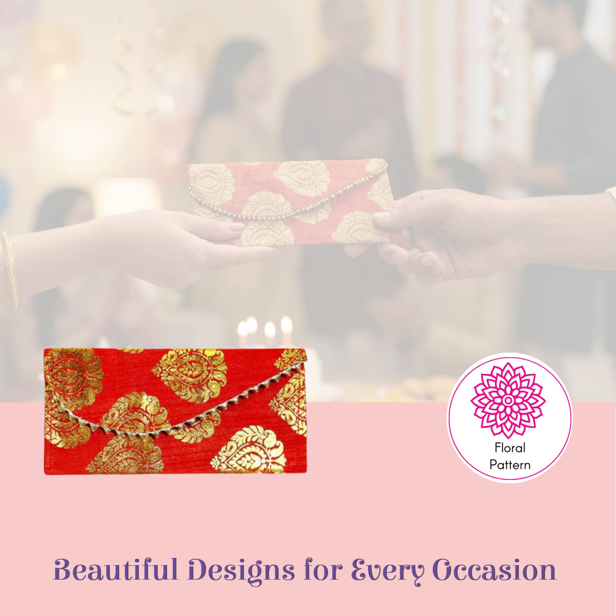 Red clutch purse with gold floral embroidery, beaded strap, brocade fabric