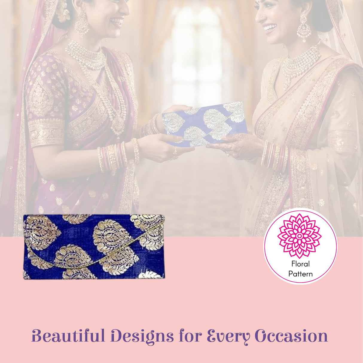 Navy blue brocade clutch purse with gold floral embroidery, magnetic tip shagun envelope