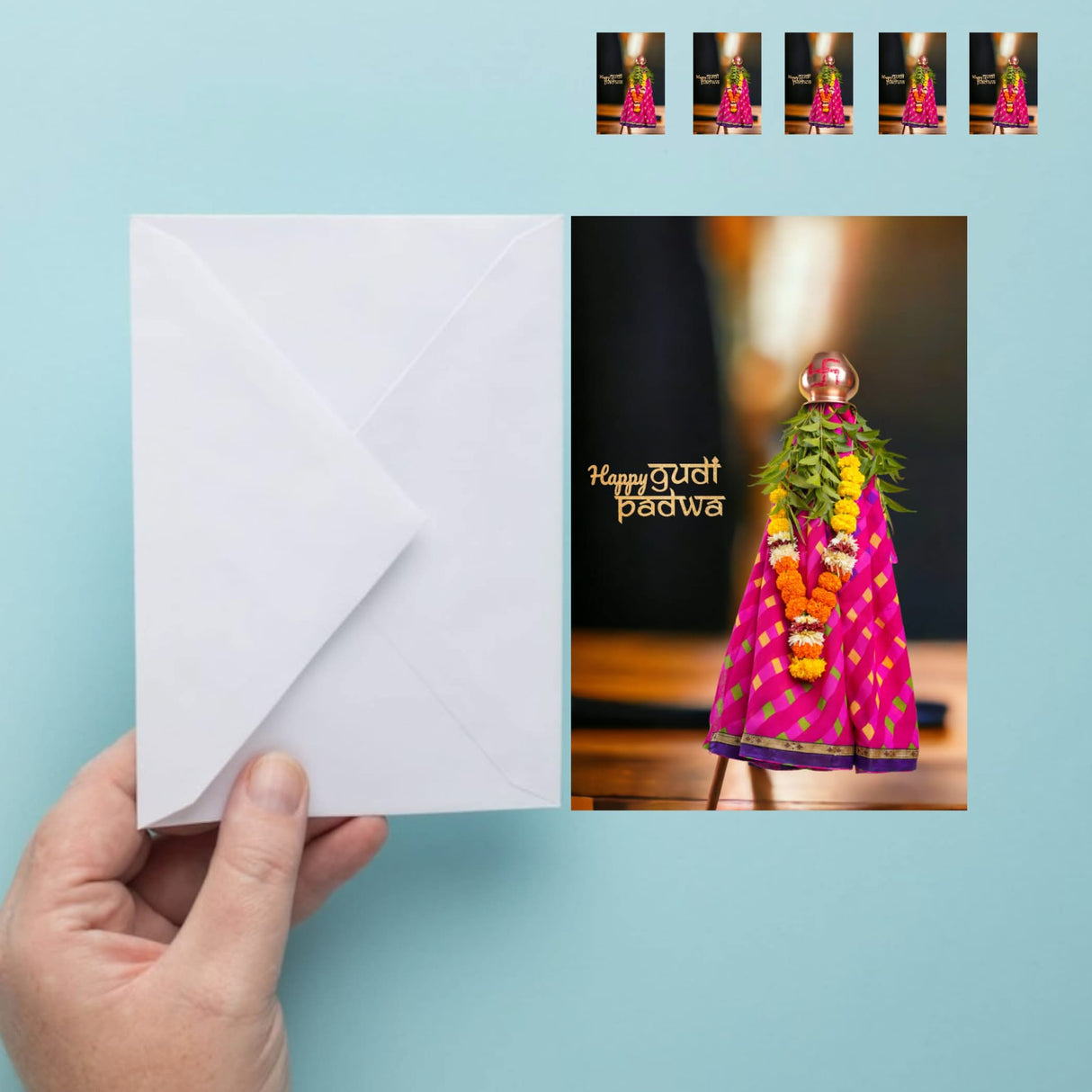 Pack of 5 Happy Gudi Padwa Greeting Card Marathi New Year Greeting Card Printed Customizable Card Simple Design Sweet Wishing Card Gift for Mother, Father, Sister - LoveNspire