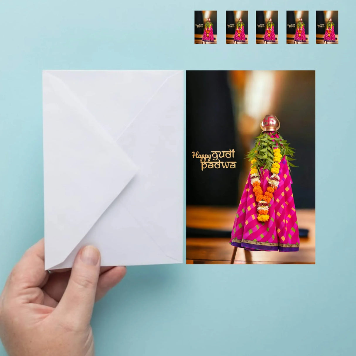 Pack of 5 Happy Gudi Padwa Greeting Card Marathi New Year Greeting Card Printed Customizable Card Simple Design Sweet Wishing Card Gift for Mother, Father, Sister - LoveNspire