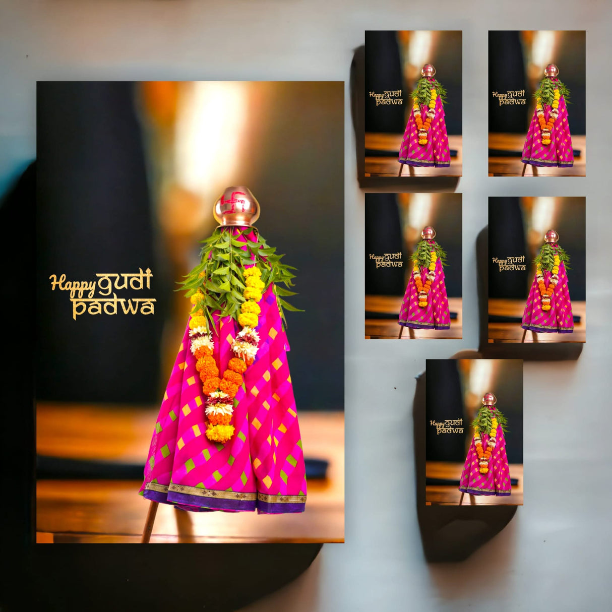 Pack of 5 Happy Gudi Padwa Greeting Card Marathi New Year Greeting Card Printed Customizable Card Simple Design Sweet Wishing Card Gift for Mother, Father, Sister - LoveNspire