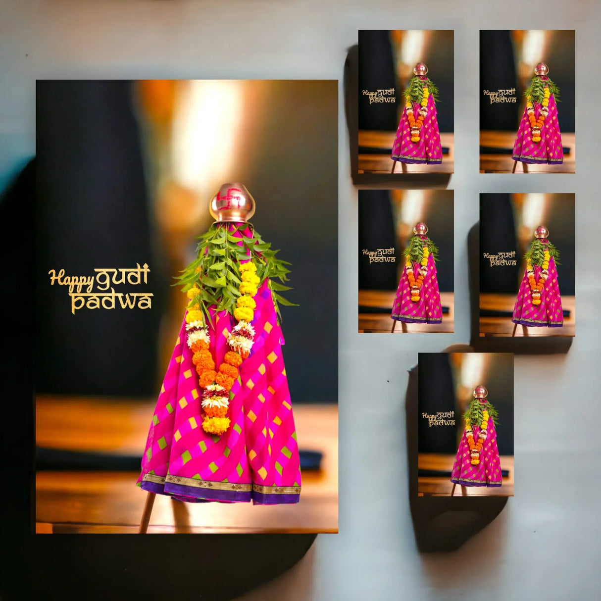 Pack of 5 Happy Gudi Padwa Greeting Card Marathi New Year Greeting Card Printed Customizable Card Simple Design Sweet Wishing Card Gift for Mother, Father, Sister - LoveNspire