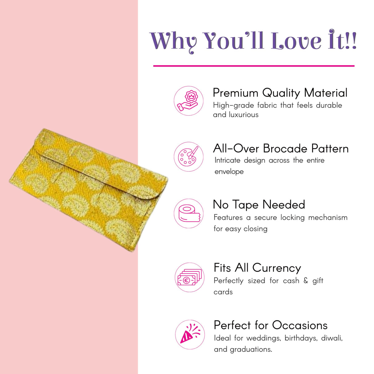 Vibrant yellow brocade fabric money envelope with gold motifs, magnetic tip