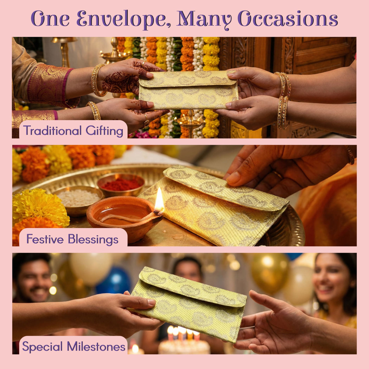 Gold paisley brocade money envelope with sheen, pack of 5 shagun lifafa