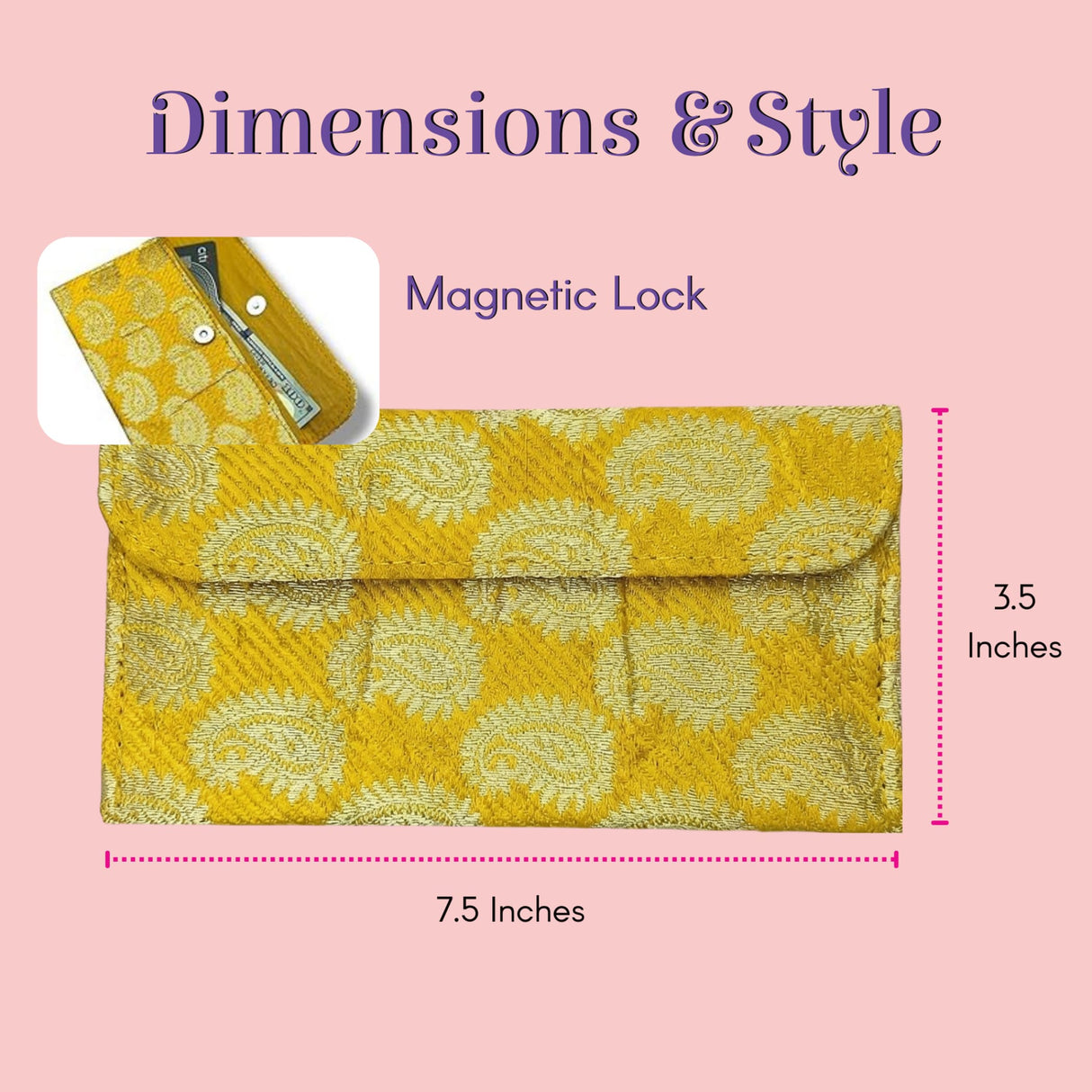 Vibrant yellow brocade fabric money envelope with magnetic closure