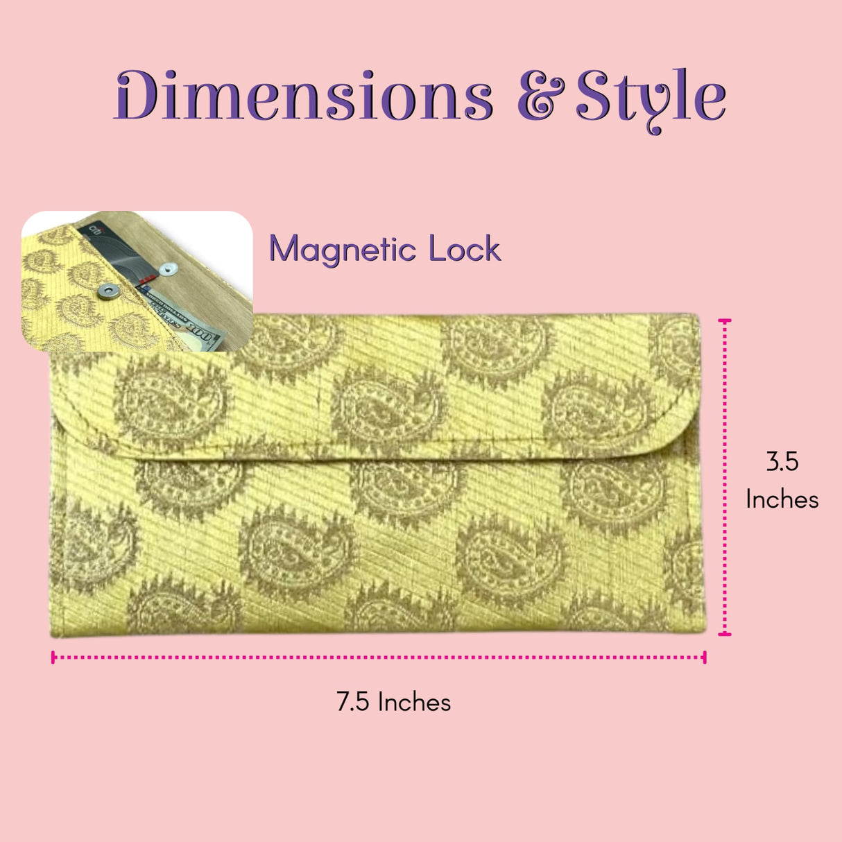 Yellow paisley brocade clutch with magnetic lock, money shagun envelope