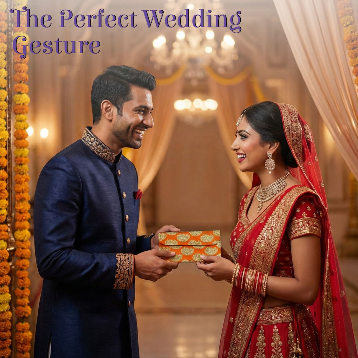 Orange brocade money envelope with gold pattern, magnetic closure