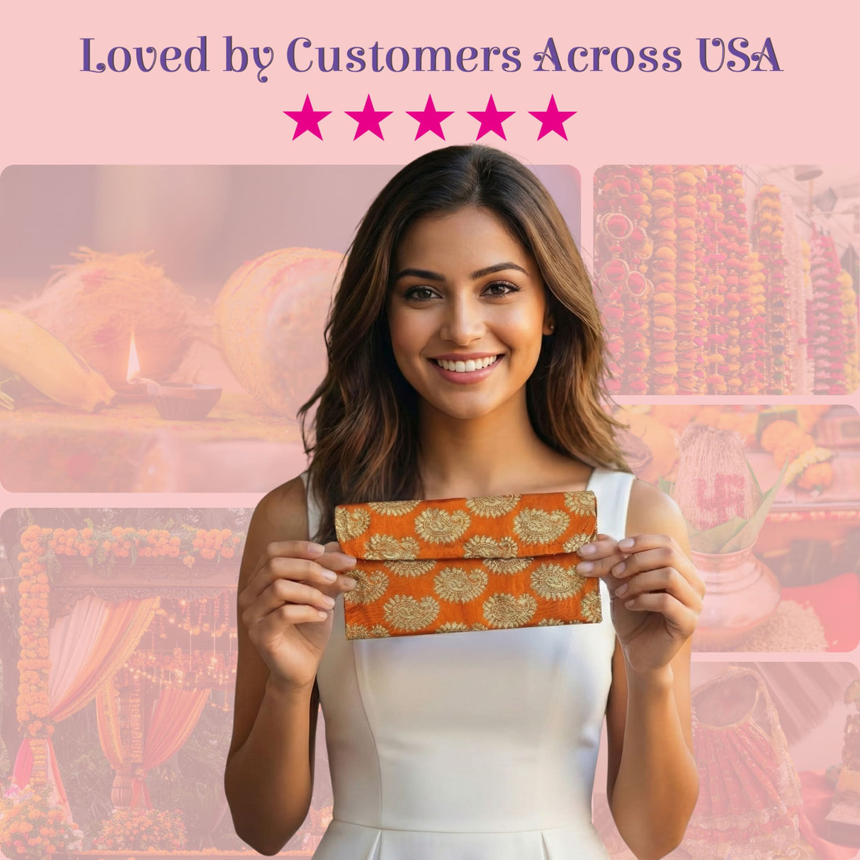 Orange brocade fabric envelope with gold floral pattern, magnetic tip shagun lifafa