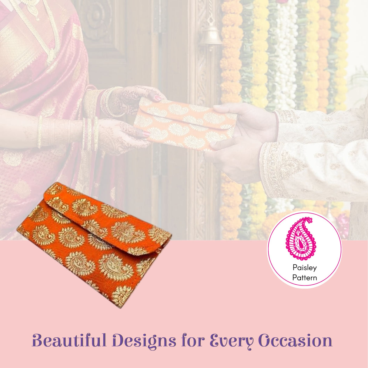 Vibrant orange brocade money envelope with gold paisley embroidery