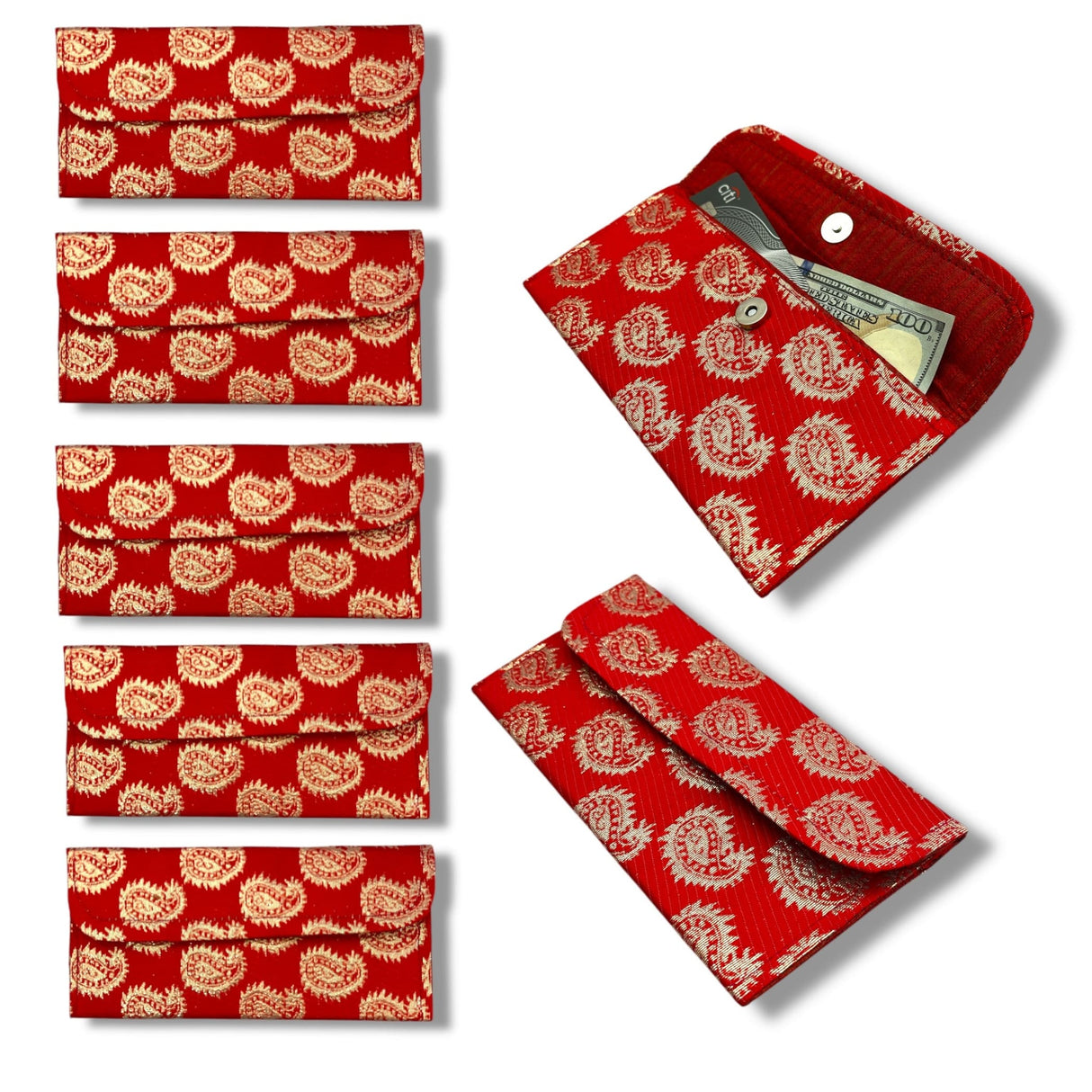Pack of 5 Money Brocade Fabric Envelopes for Cash Decorative Gotta Shagun Lifafa Gift Card Holder Lucky Cash Currency Holder Magnetic Tip Envelopes Wedding Diwali Gift - LoveNspire