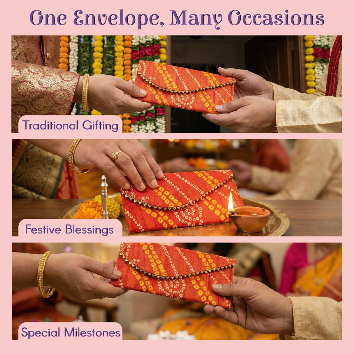 Vibrant bandhani orange-yellow fabric money envelope with lace trim