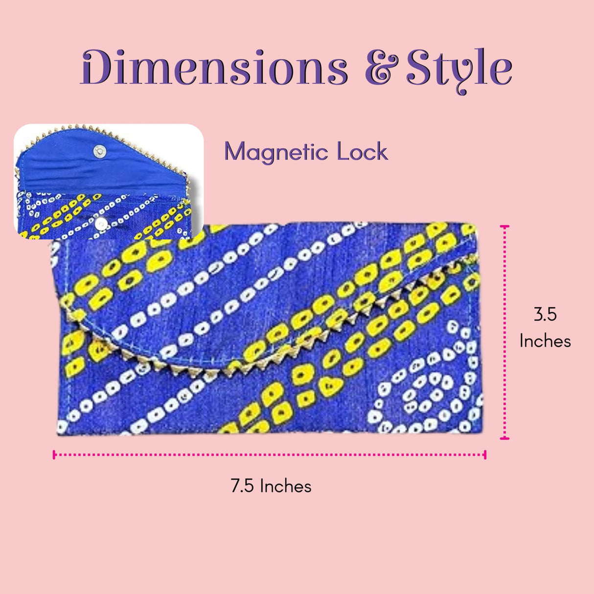 Blue yellow bandhani clutch envelope with white dots magnetic closure