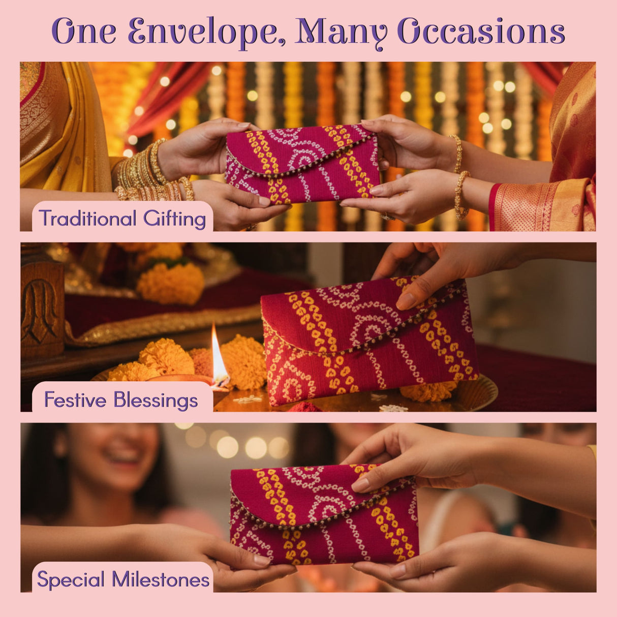 Vibrant magenta bandhani money envelope with paisley patterns, beaded edge