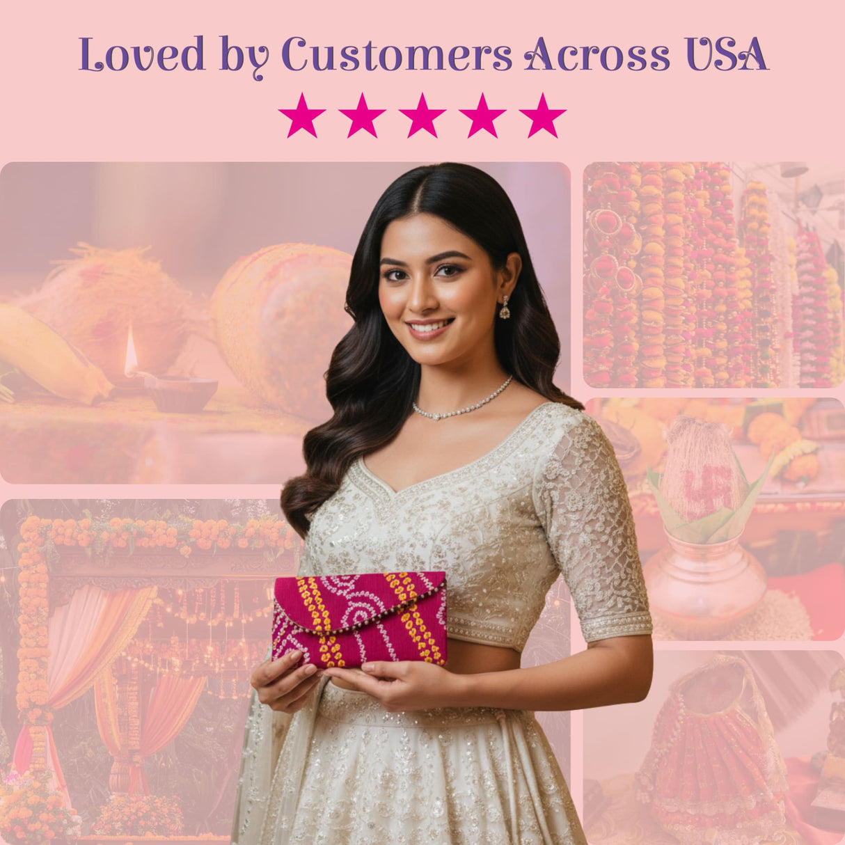 Vibrant magenta bandhani clutch with orange gold geometric embroidery