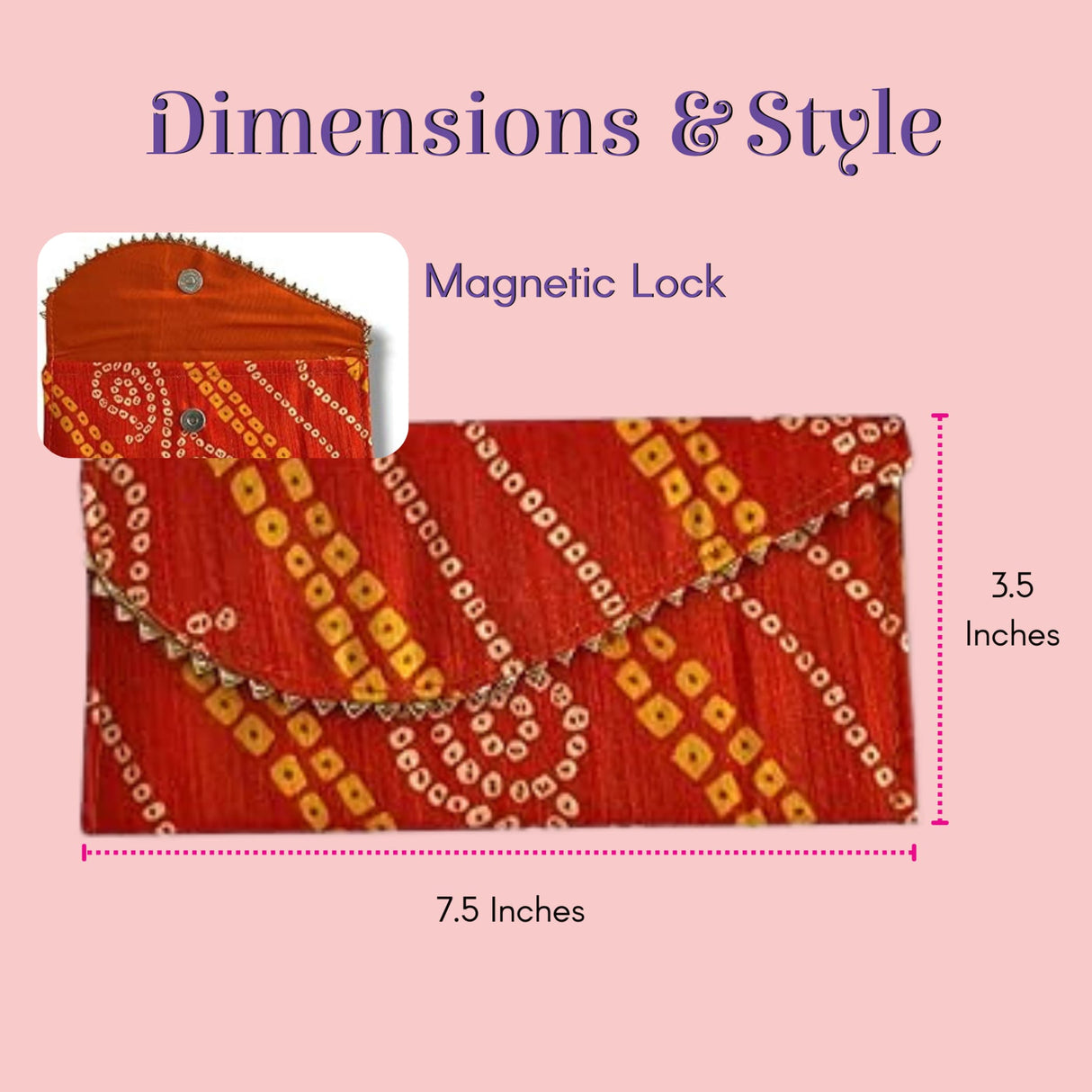 Vibrant red orange bandhani clutch magnetic closure money envelope