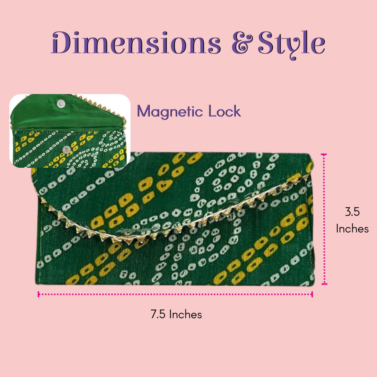 Green yellow bandhani clutch envelope magnetic closure pack of 5