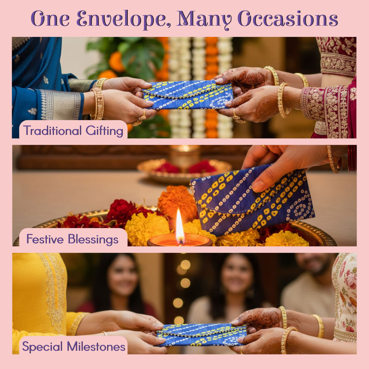 Blue yellow Bandhani fabric money envelope with decorative flap