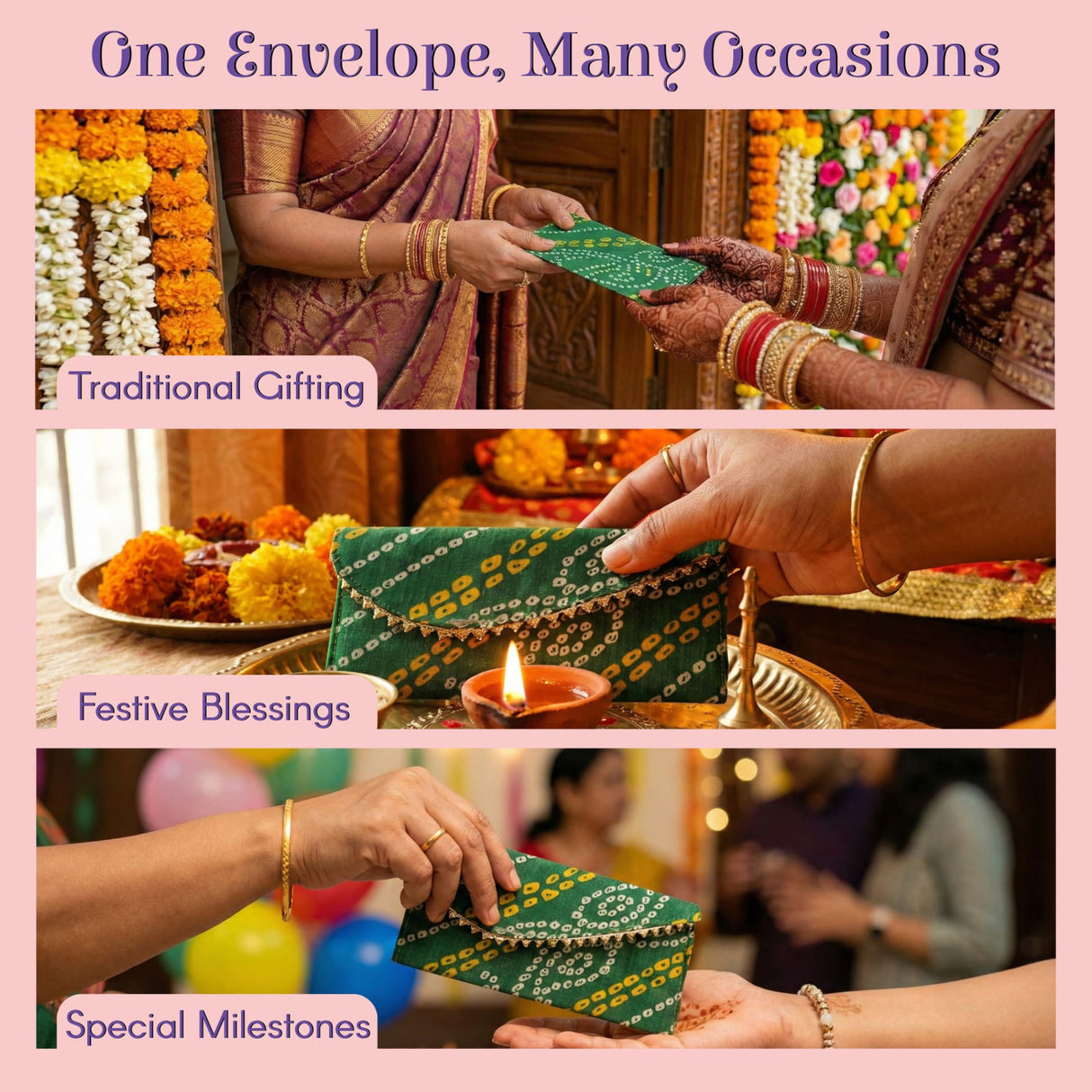 Green patterned money envelope with gold trim, Bandhani shagun lifafa