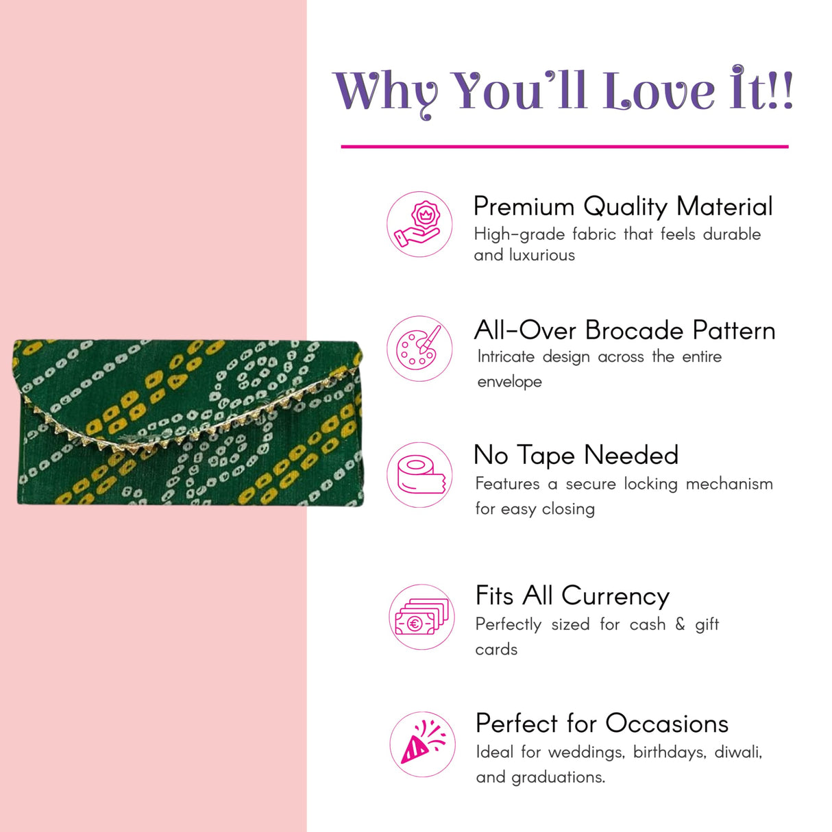 Green brocade clutch with gold chain strap and bandhani money envelopes