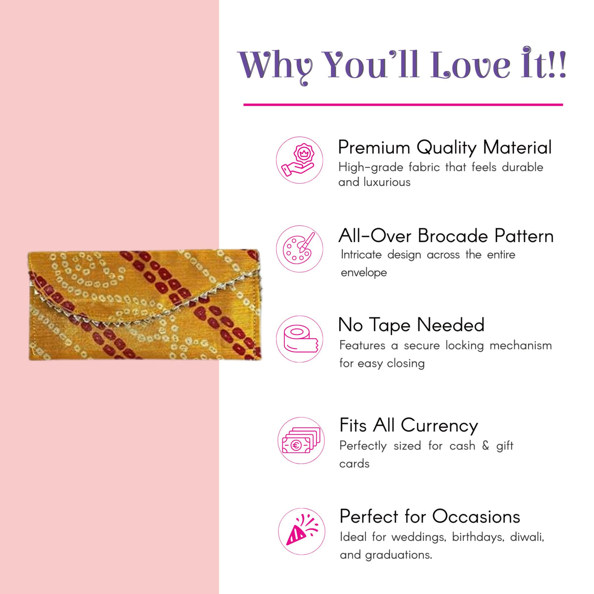 Golden-yellow Bandhani brocade clutch with silver chain, pack of 5 shagun envelopes