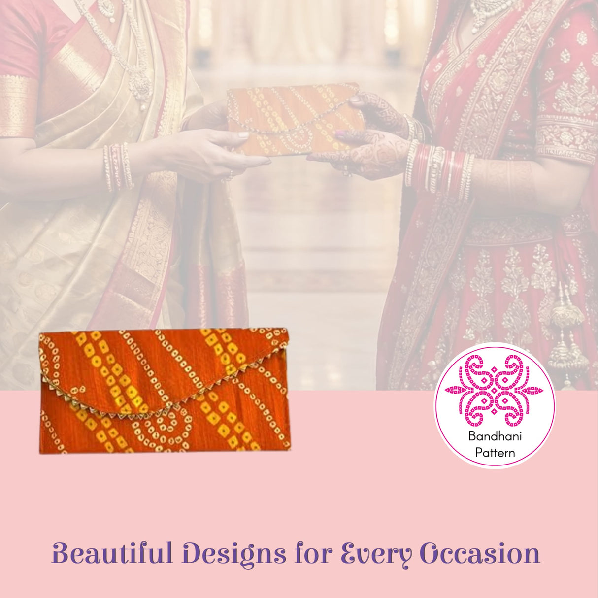 Orange clutch with yellow bandhani pattern, gold chain, pack of 5 shagun envelopes