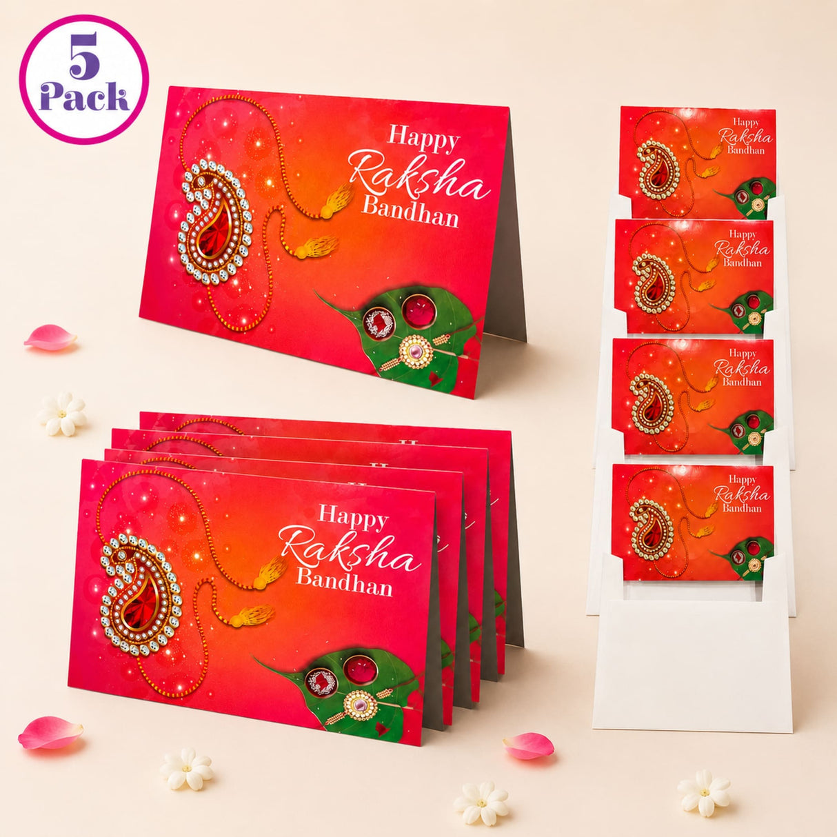 Pack of 5 red raksha bandhan greeting cards with gold and green paisley motifs for brother and sister blessings