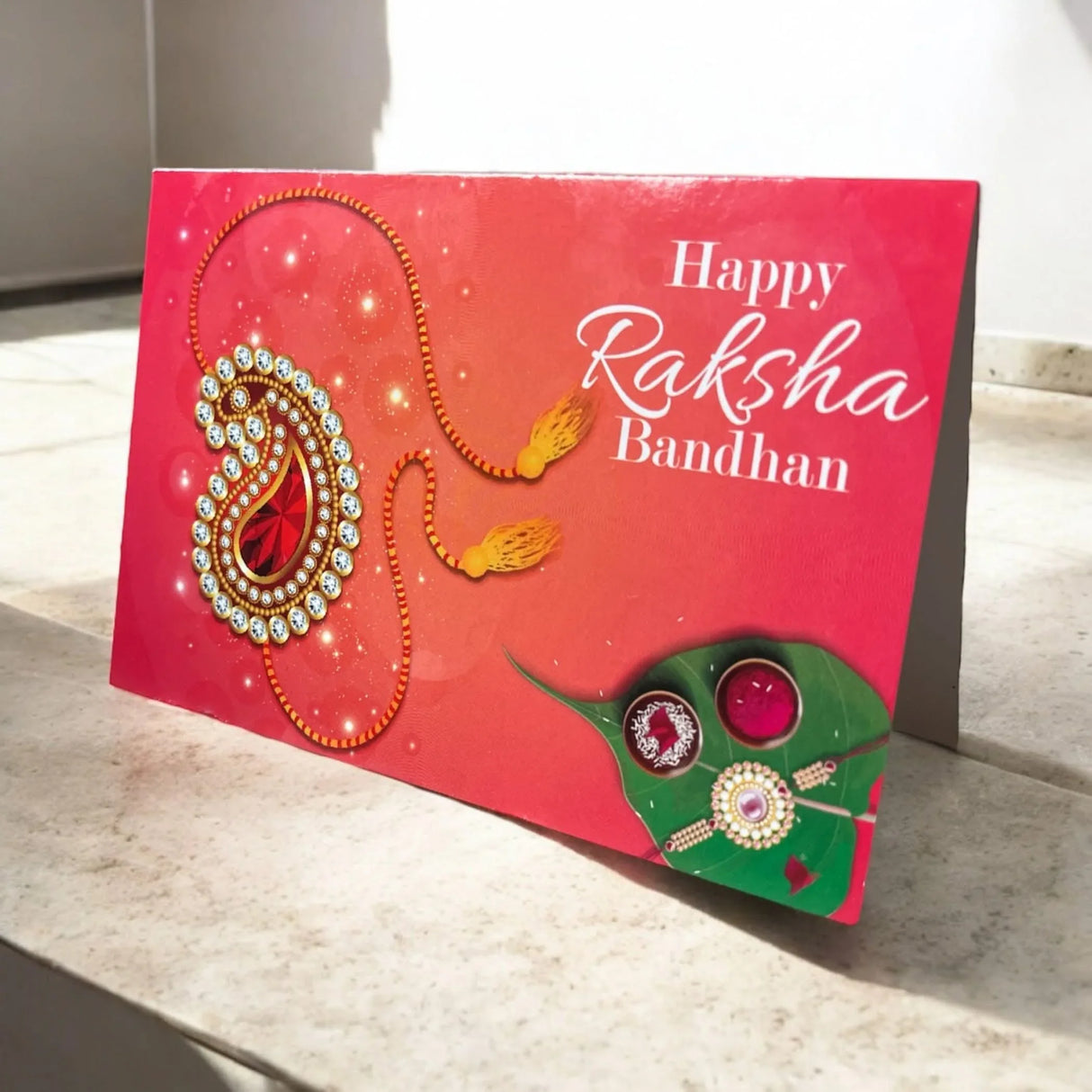 A vibrant red raksha bandhan greeting card with gold and diamond paisley necklace and green leaf jewelry design pack of 5