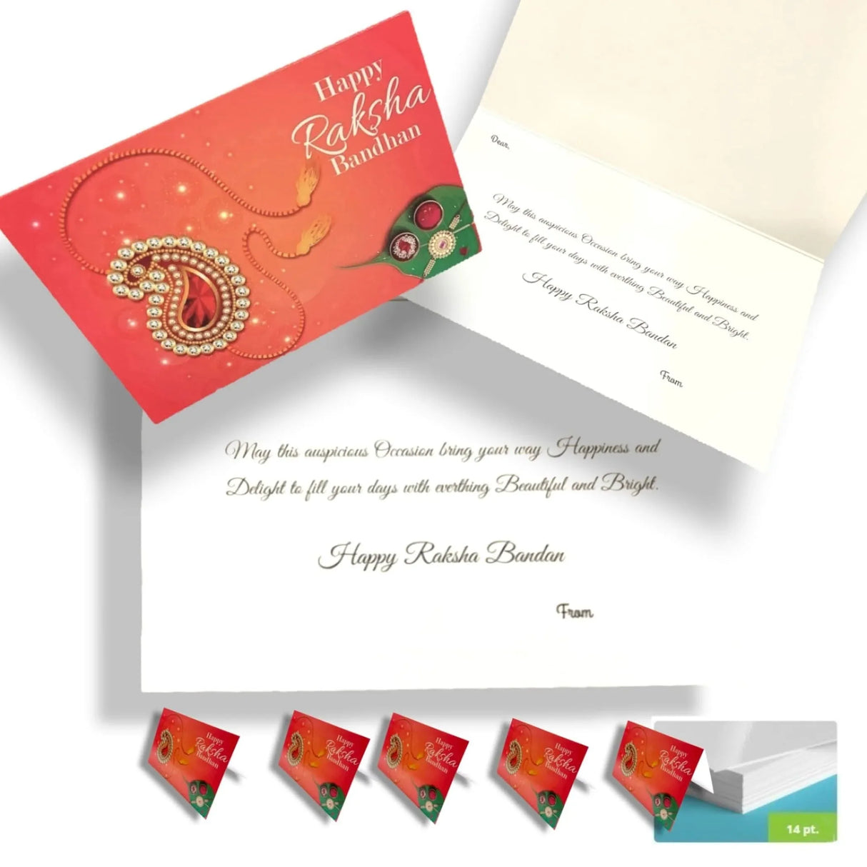 Red happy raksha bandhan greeting card with gold embellished pendant and red gemstone in pack of 5 customizable cards