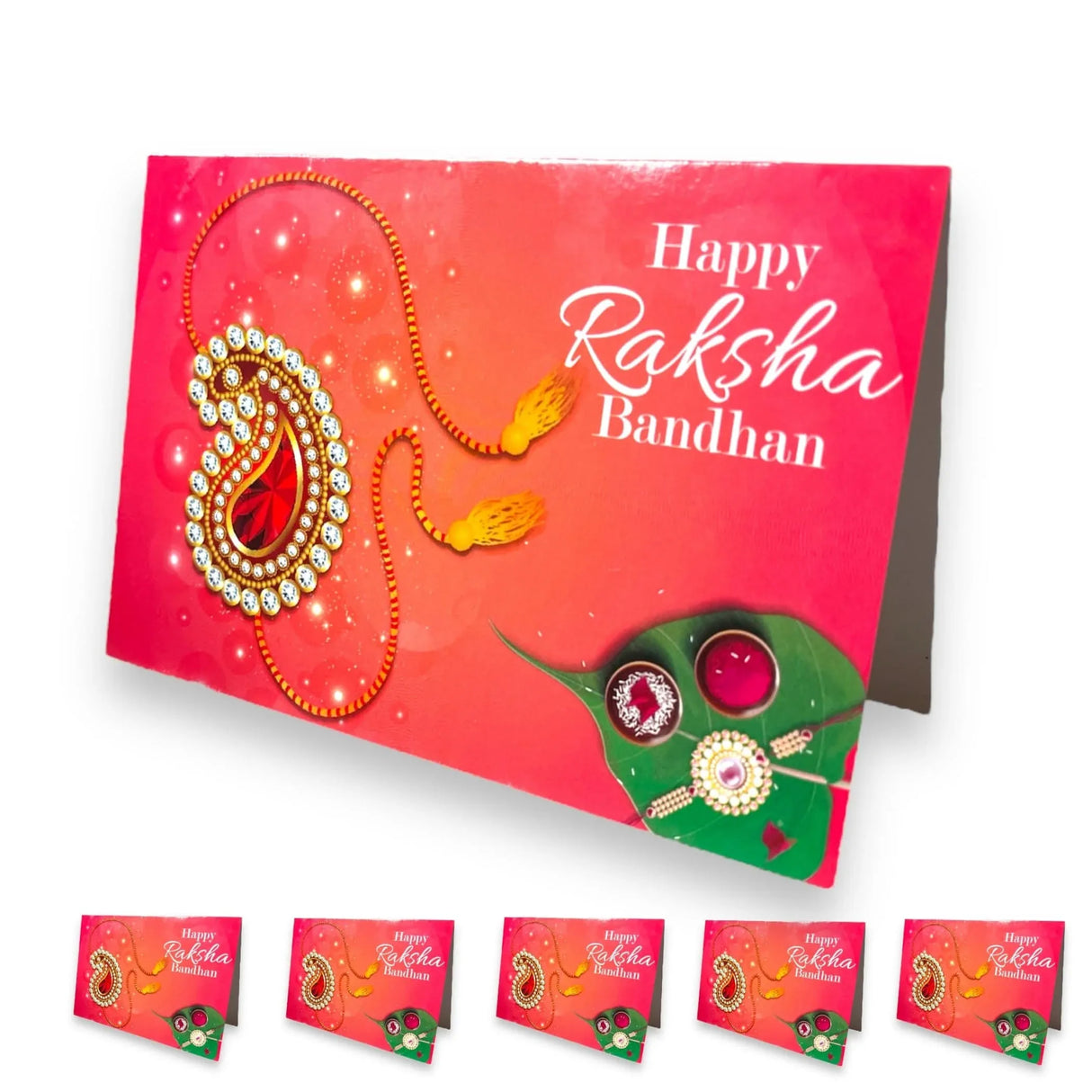 Pack of 5 vibrant red rakhi greeting cards featuring ornate gold and ruby pendant design with traditional rakhi jewelry