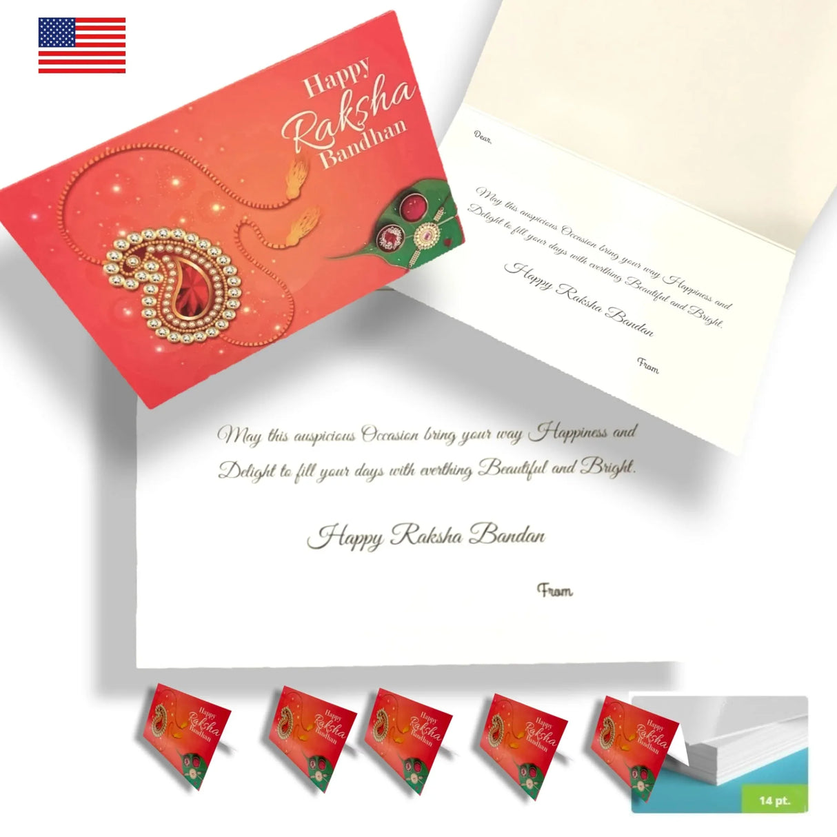 Red glossy rakhi greeting card with gold and red ornate paisley design and embedded gemstones for brother sister gift