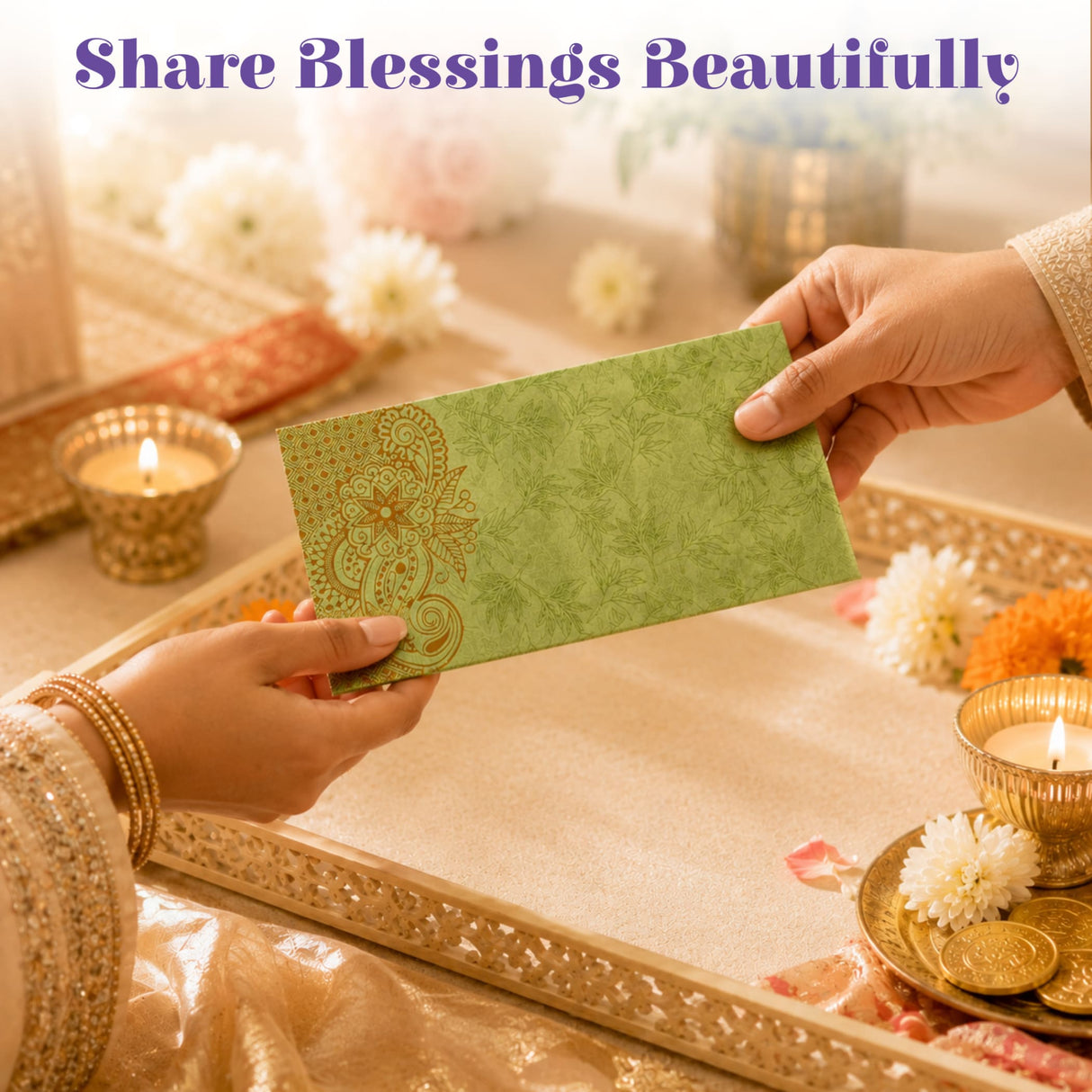 A green money envelope with intricate gold paisley pattern held between hands for Indian wedding and cash gifts