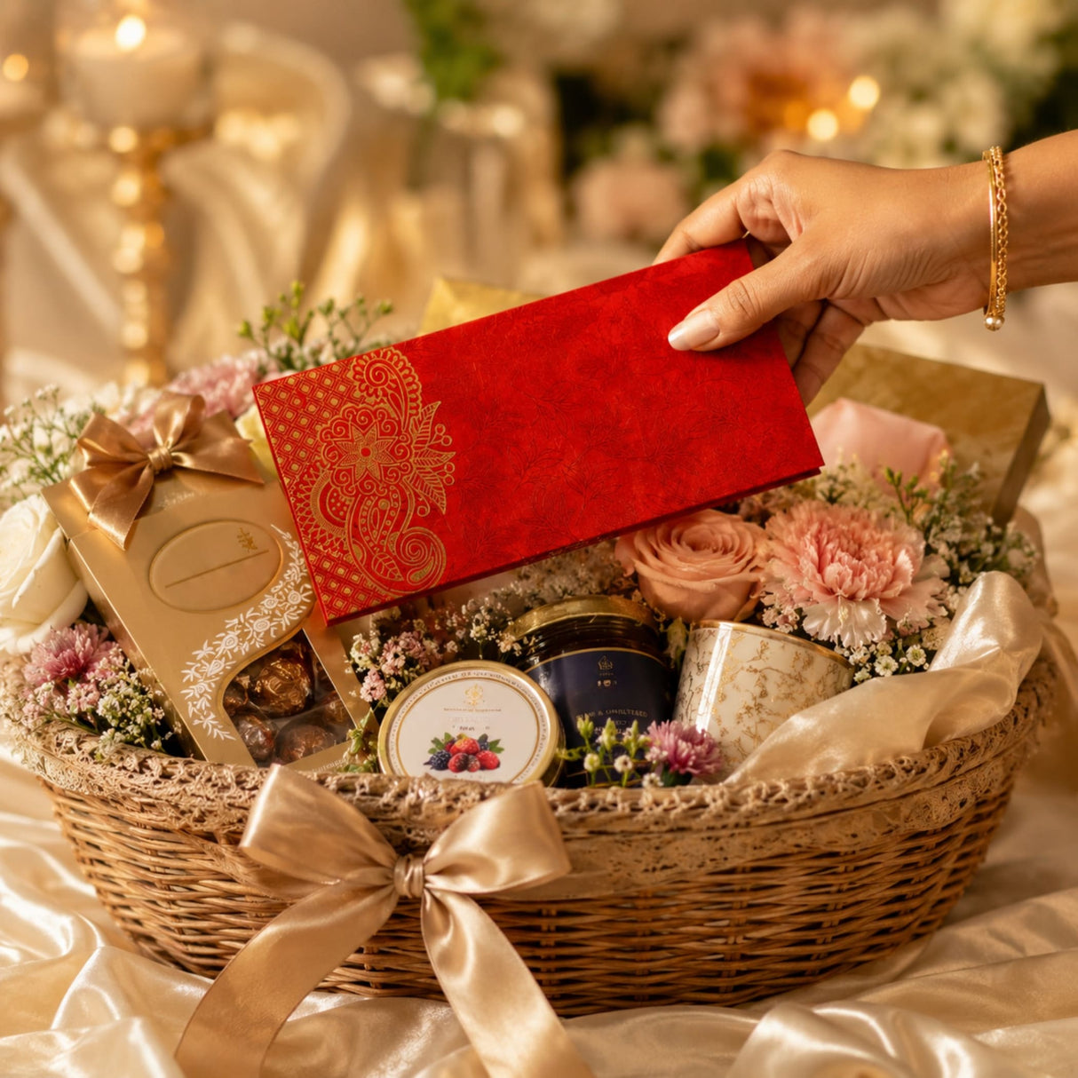 A red velvet money envelope with intricate gold paisley embroidery for Indian wedding cash gifts and savings