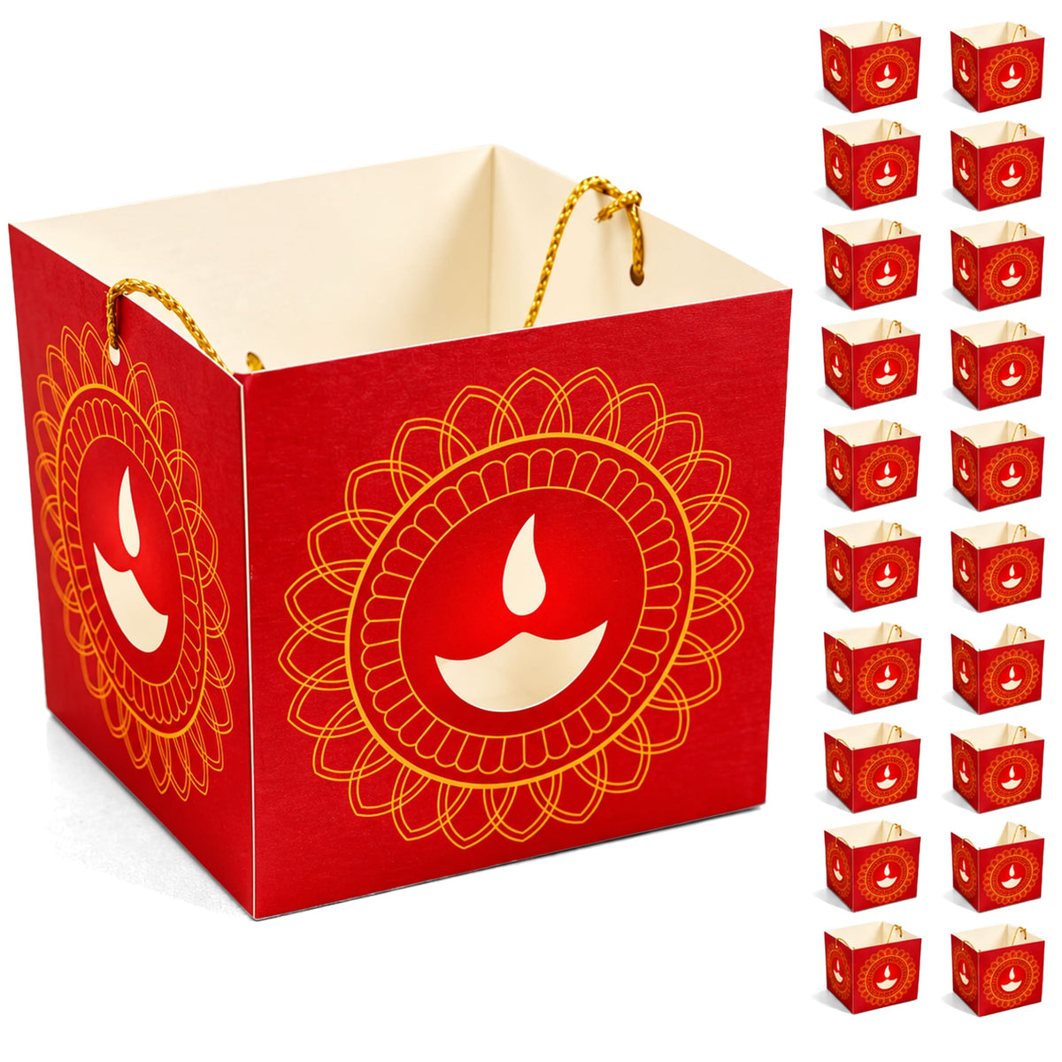 Red paper diwali lantern box with gold and cream oil lamp design for traditional indian festival party decor