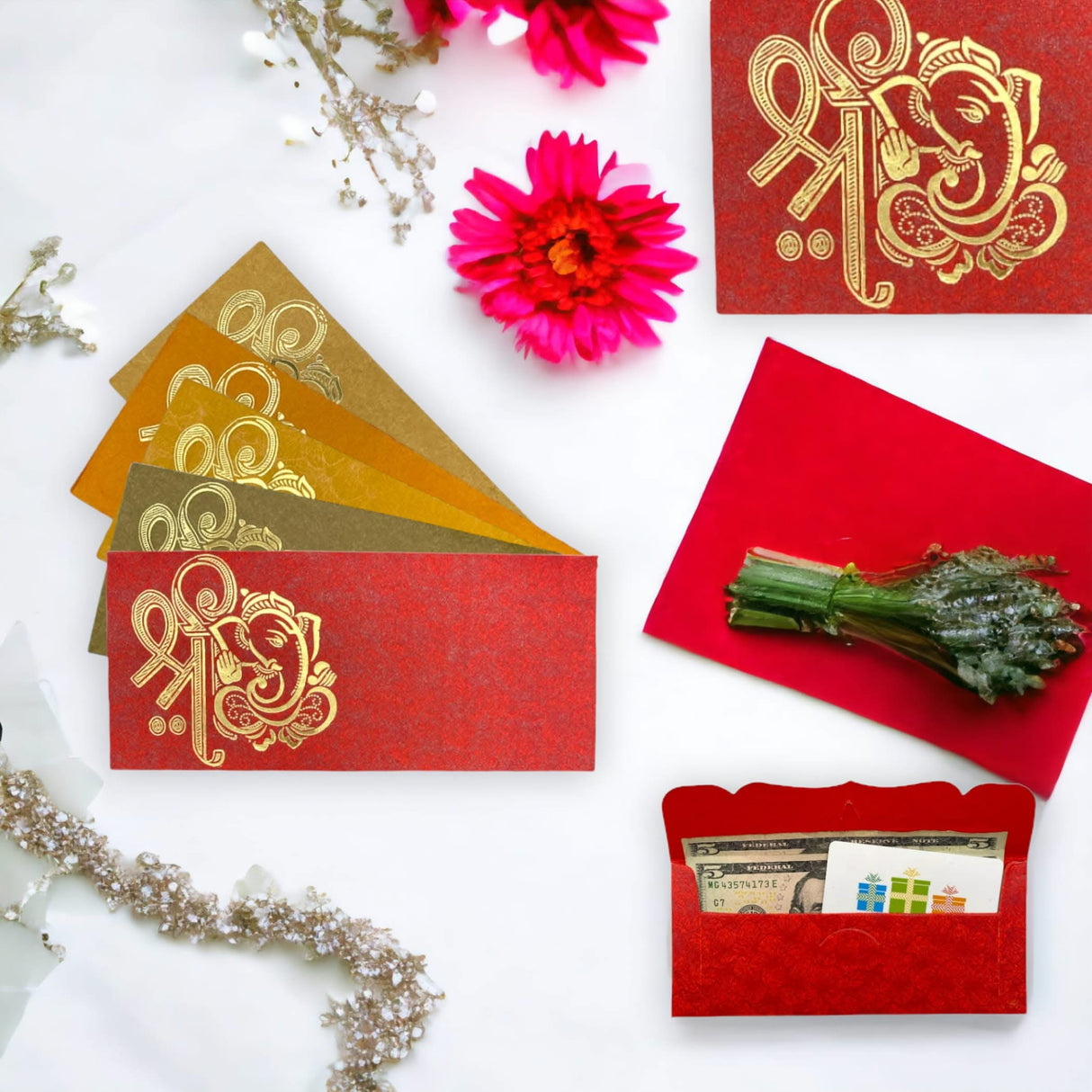 10/25/50/100 Money Envelopes for Assorted Indian Paper Shagun Lifafa Gift Cards Ganesha Decorative Lucky Cash Packet Currency Holder Tip Envelopes Wedding Diwali Gift - LoveNspire