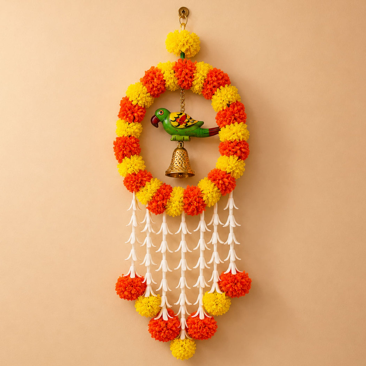 Pack of 1 parrot marigold hanging jhoomer wall hanging with vibrant orange yellow artificial flowers green parrot and golden bell