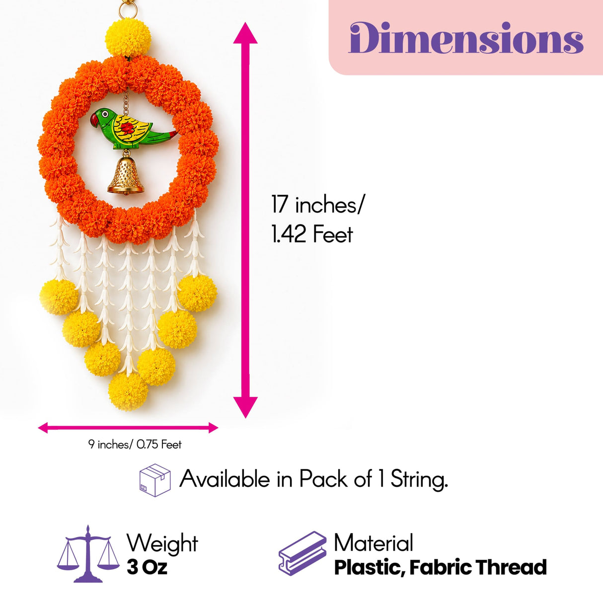 Pack of 1 parrot marigold hanging jhoomer with vibrant orange yellow pom-poms, green bird ornament, and golden bell