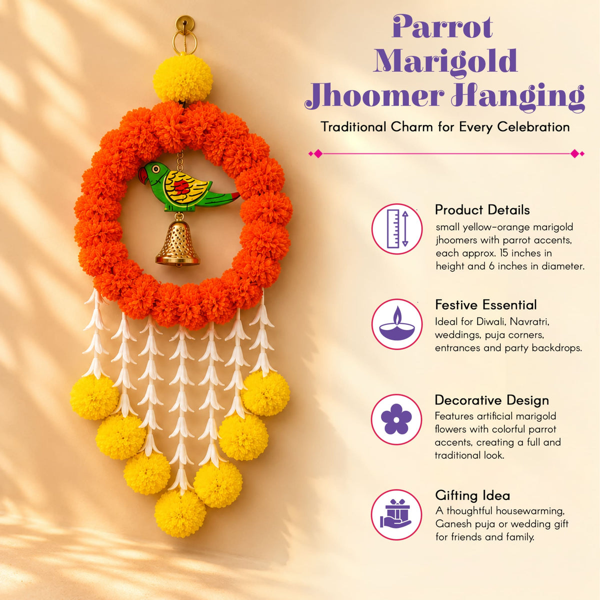 Vibrant orange and yellow artificial marigold hanging jhoomer garland with green parrot charm and golden bell for festive decor