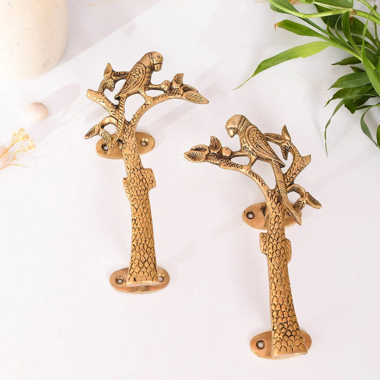 Parrot on the Tree Door Pull Handles Unique Brass 8 Inches Pair of 2 Pull Knobs Antique Design Handles for Drawer, Shelf, Cabinet, Wardrobe, Almirah Housewarming Gift - LoveNspire