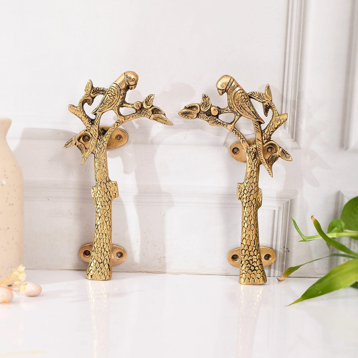 Parrot on the Tree Door Pull Handles Unique Brass 8 Inches Pair of 2 Pull Knobs Antique Design Handles for Drawer, Shelf, Cabinet, Wardrobe, Almirah Housewarming Gift - LoveNspire
