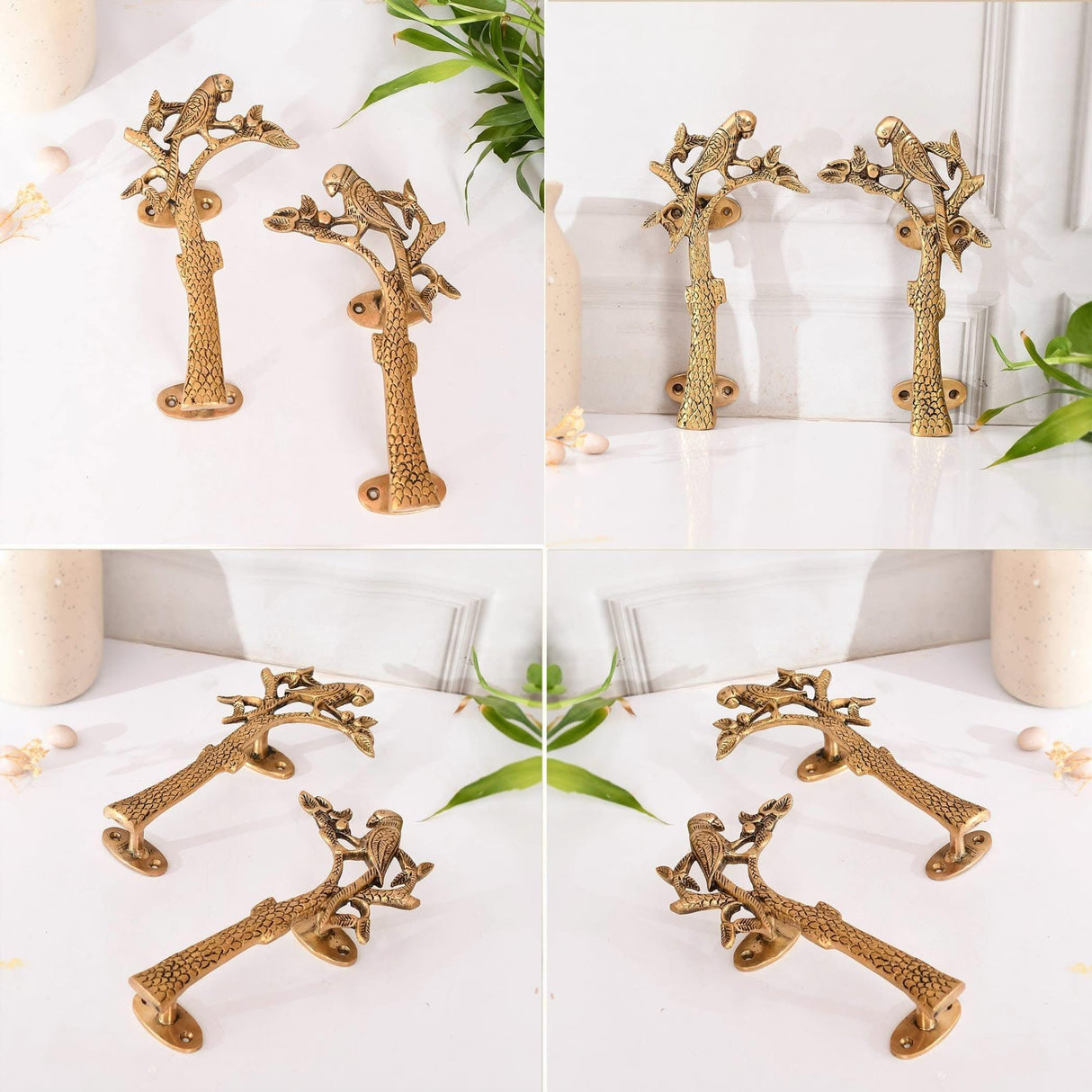 Parrot on the Tree Door Pull Handles Unique Brass 8 Inches Pair of 2 Pull Knobs Antique Design Handles for Drawer, Shelf, Cabinet, Wardrobe, Almirah Housewarming Gift - LoveNspire