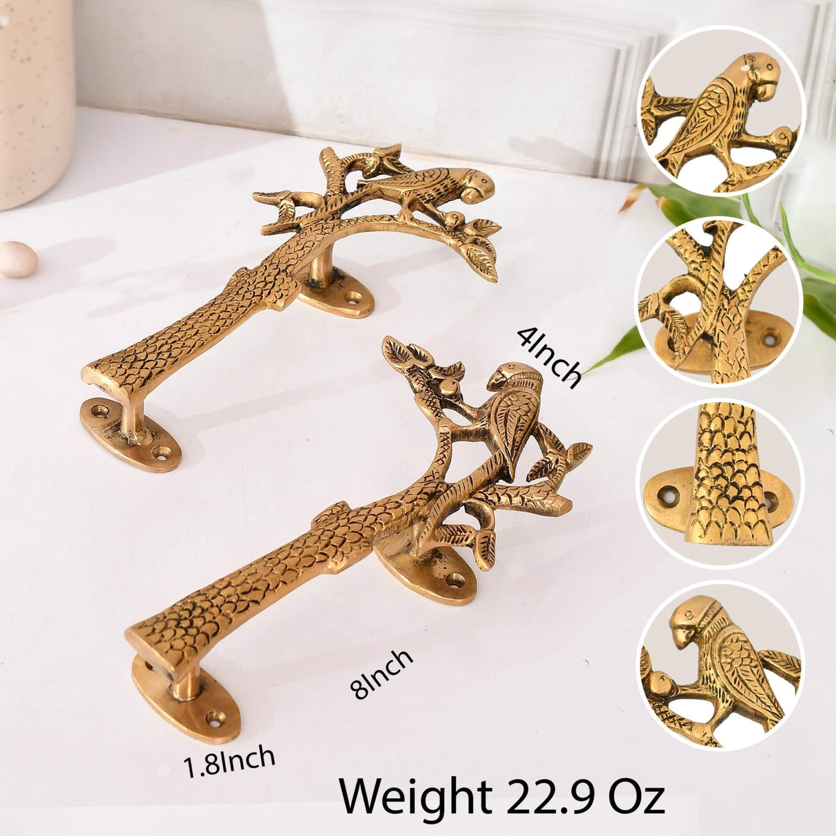 Parrot on the Tree Door Pull Handles Unique Brass 8 Inches Pair of 2 Pull Knobs Antique Design Handles for Drawer, Shelf, Cabinet, Wardrobe, Almirah Housewarming Gift - LoveNspire