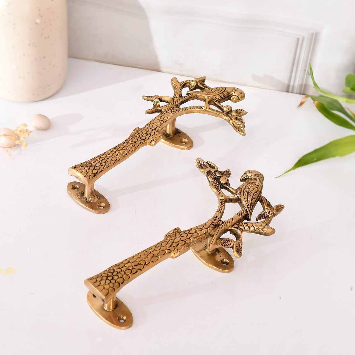 Parrot on the Tree Door Pull Handles Unique Brass 8 Inches Pair of 2 Pull Knobs Antique Design Handles for Drawer, Shelf, Cabinet, Wardrobe, Almirah Housewarming Gift - LoveNspire